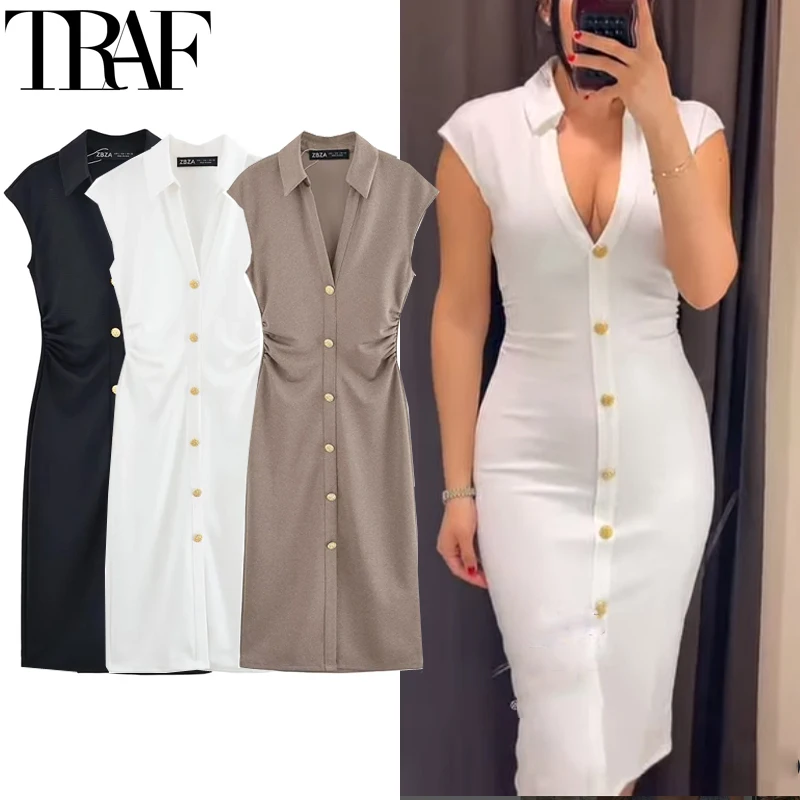 

TRAF Ruched Shirt Midi Dresses 2025 Woman Summer Sleeveless Black White Dress Women Bodycon Elegant Casual Women's Dress 088