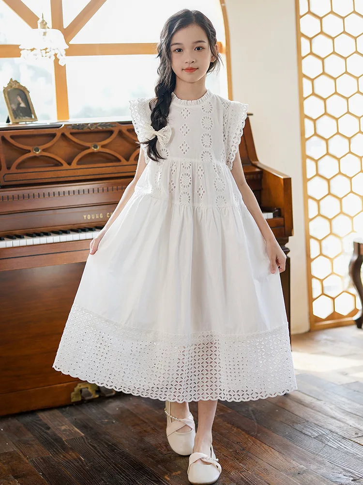 2026 Kid Girl Dress Princess Costume White Hollow Out Lace Dress Casual Baby Girls Clothes Fashion Summer Party Wedding Dresses