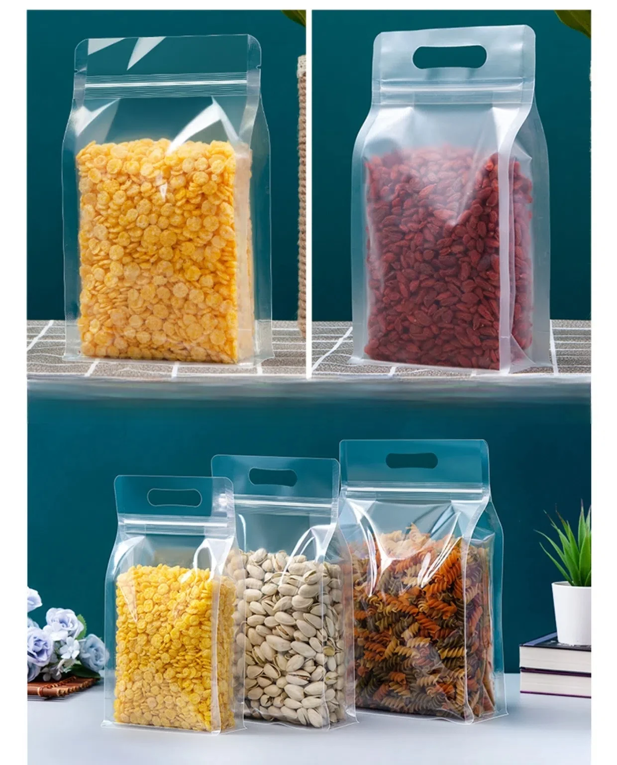 10/50 Stück Lebensmittelverpackungen, Druckverschlussbeutel, transparent, mit Griff, aufstehend, versiegelt, für die Aufbewahrung von Süßigkeiten, Nüssen, wiederverwendbarer Druckverschlussbeutel – Detail 2
