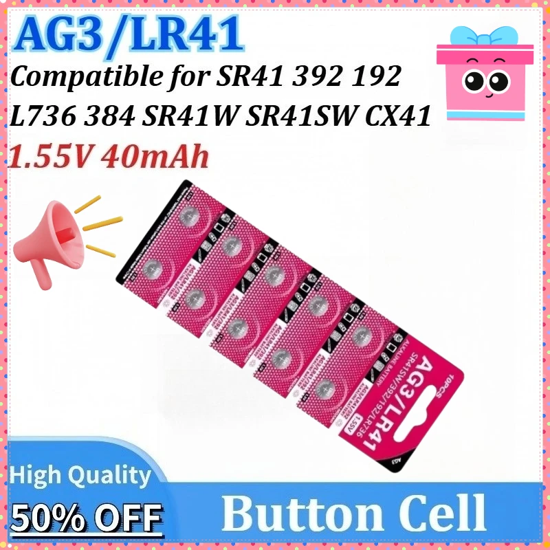 

New 10-200PCS 1.55V 40mAh AG3 LR41 L736 384 CX41 SR41 392 192 Alkaline Coin Cell Button Battery for Remote Calculator Watch Toys