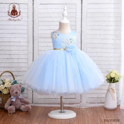 Girls' Dress Summer Children's Dress Poached Yarn Little Girls' Piano Performance Dress Solid Color Children's Princess Dress