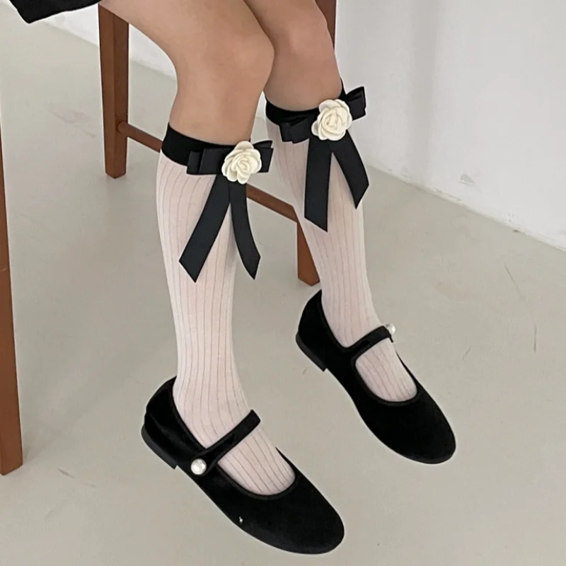 Lolita JK Bow Middle Tube Socks 3D Camellia Flower Tie Socks Ballet Summer Thin White Sock Y2K Party DRESS Designer Socks