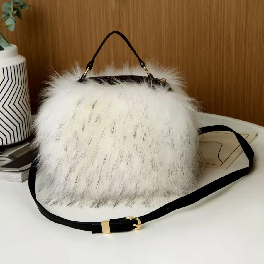 

【New Arrival】Faux Fur Bucket Crossbody Bag, White Fluffy Furry Handbag with Top Handle & Adjustable Strap for Winter