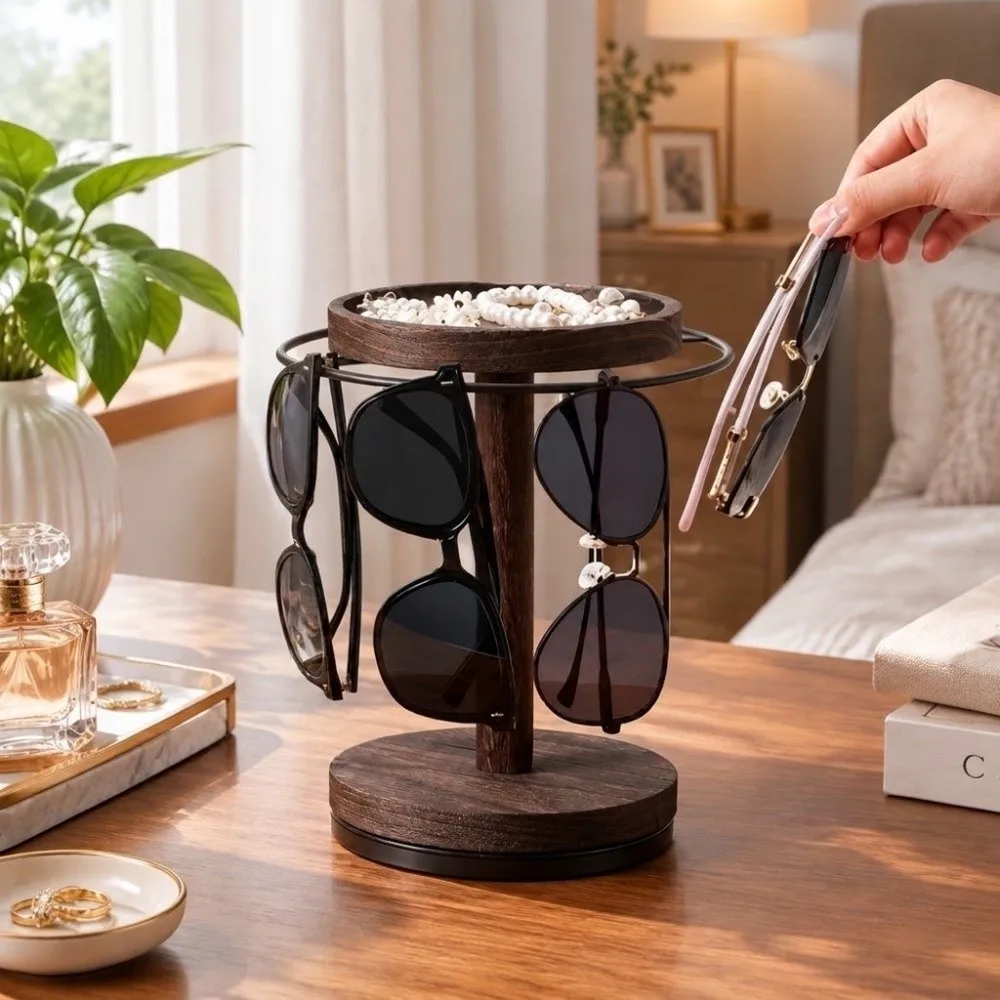 Convenient Eyeglasses Display Stand With Tray With Base Wooden Storage Rack Rotating Space Saving Jewelry Organizer Tabletop