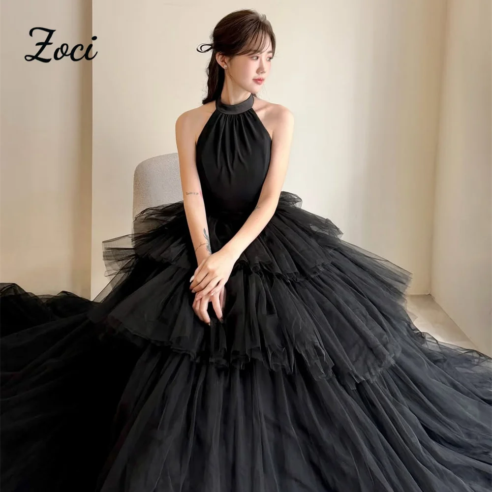 Zoci Luxury Soft Tulle Korea Black Wedding Dresses Photos Shoot Halter Tiered Belt Puffy Bride Wedding Party Dress Customized