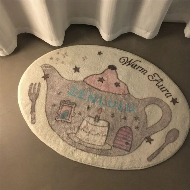 VIKAMA Cute Teapot Fairy Tale Shaped Rug Non Slip Washable Plush Floor Mat Oval Bathroom Bedroom Decor Doormat