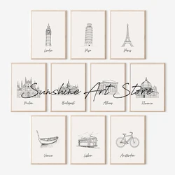 European Cities Minimal Line Art Poster Traveling Aesthetic Canvas Prints One Line Drawing Rome Amsterdam London Wall Decoration