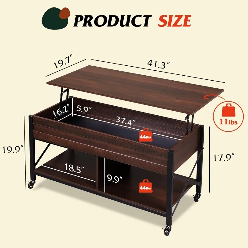 WLIVE Lift Top Coffee Table for Living Room,Coffee Table with Storage,Hidden Compartment and Metal Frame, Central Table