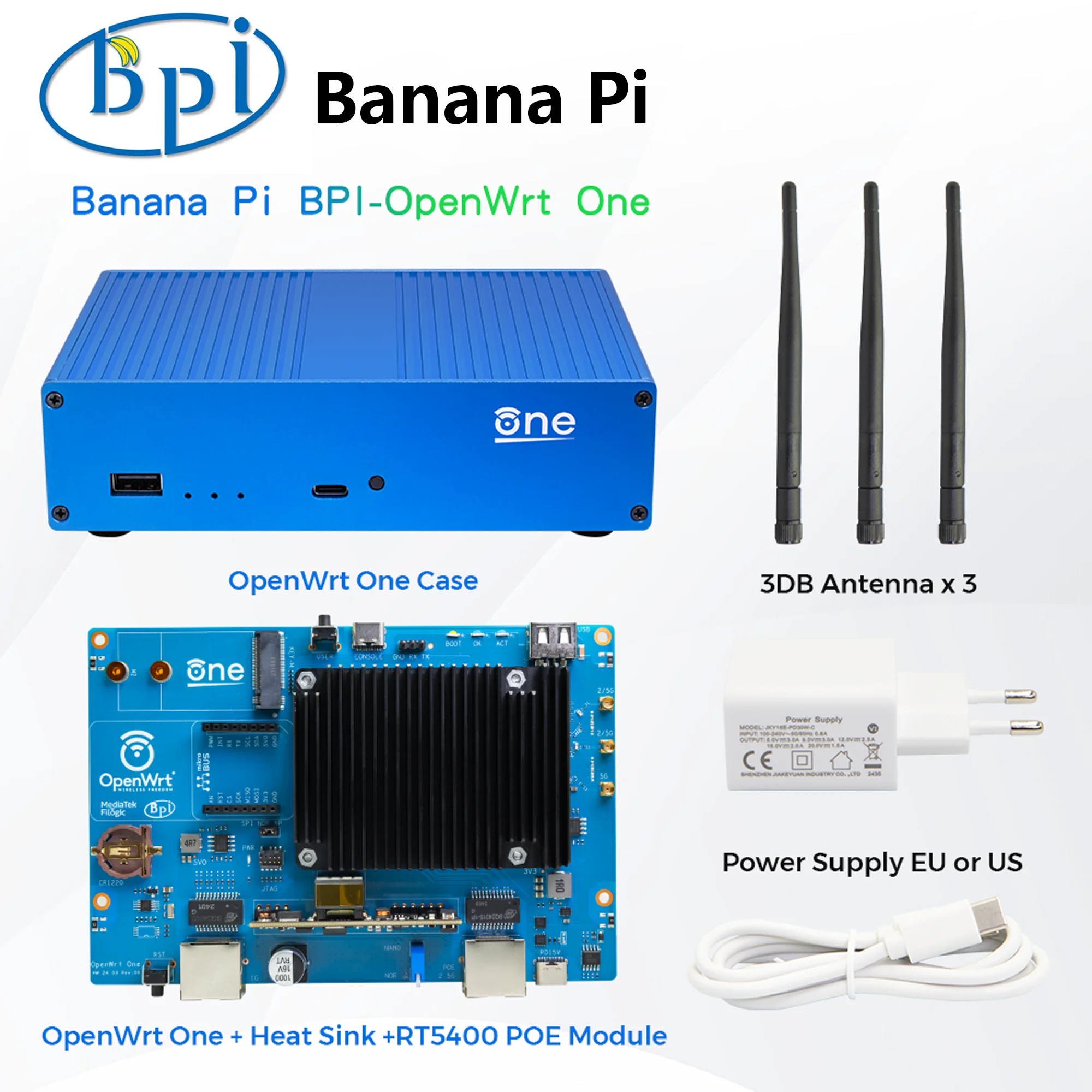 Banana Pi OpenWrt One MediaTek MT7981B Open Source Smart Router 1GB DDR4 256 MB SPI NAND flash 2.5GbE RJ45 and Gigabit Ethernet