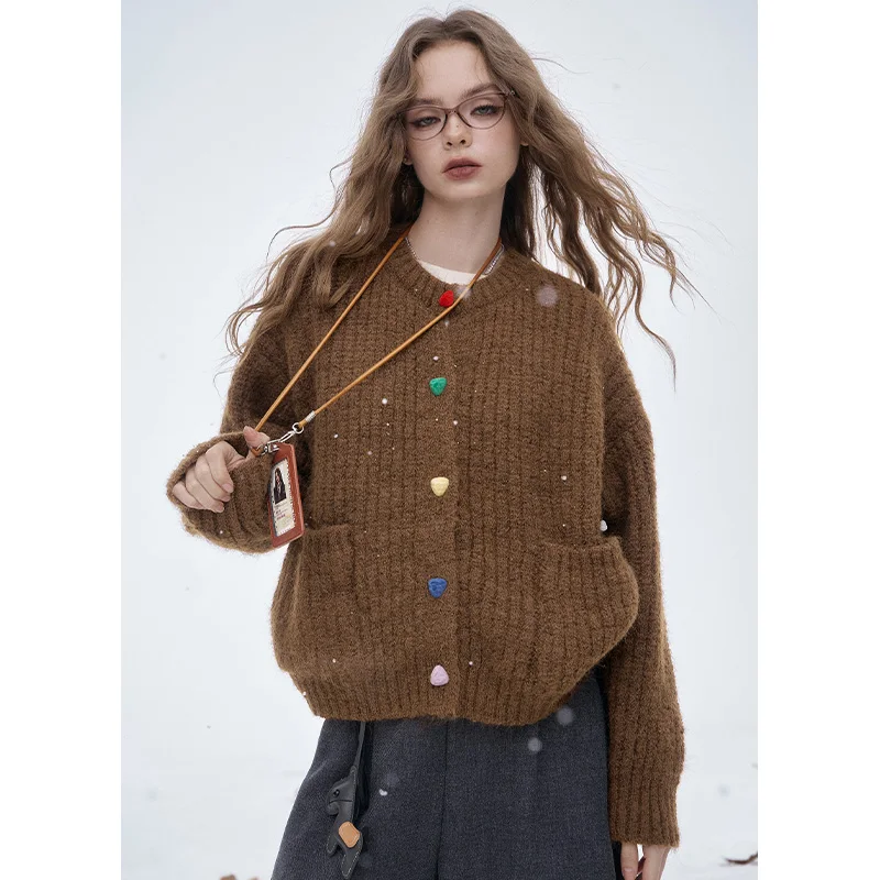 ELFSACK 2025 invierno nuevas llegadas Casual lindo Preppy colorido botón cuello redondo suéter para mujer