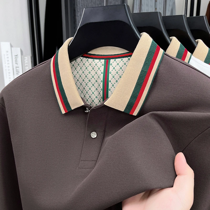 High Quality comfortable long sleeve polo shirt men fashion luxury brand autumn new item striped color blocked lapel T-shirt
