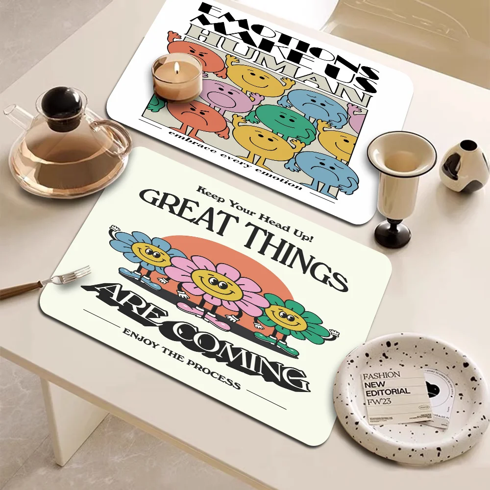 Cartoon Smile Inspirational Quote Print Emotions Human Absorbent Drain Mat Countertop Dry Mats Printed Coffee Machine Pad