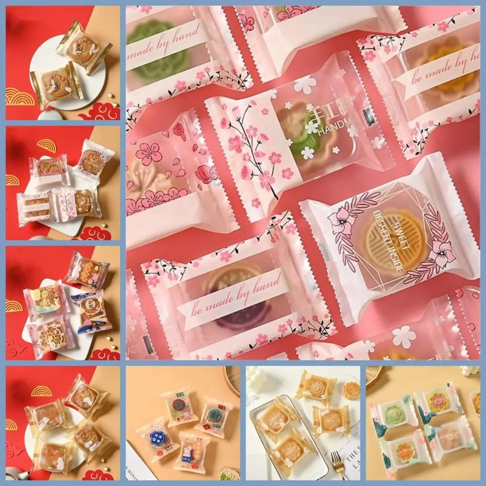 100pcs Plastic Mooncake Packaging Bag Clear Moon Rabbit Pattern Handmade Biscuit Packaging Bag Serrated Sealing Frosted DIY