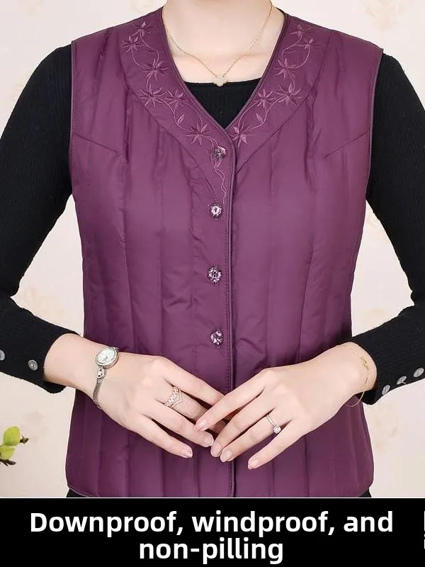 中国製 Sle 軽量刺繍入りダウンベスト レディース 暖かい中綿入りベスト 中年のお母さん向けアウターウェア