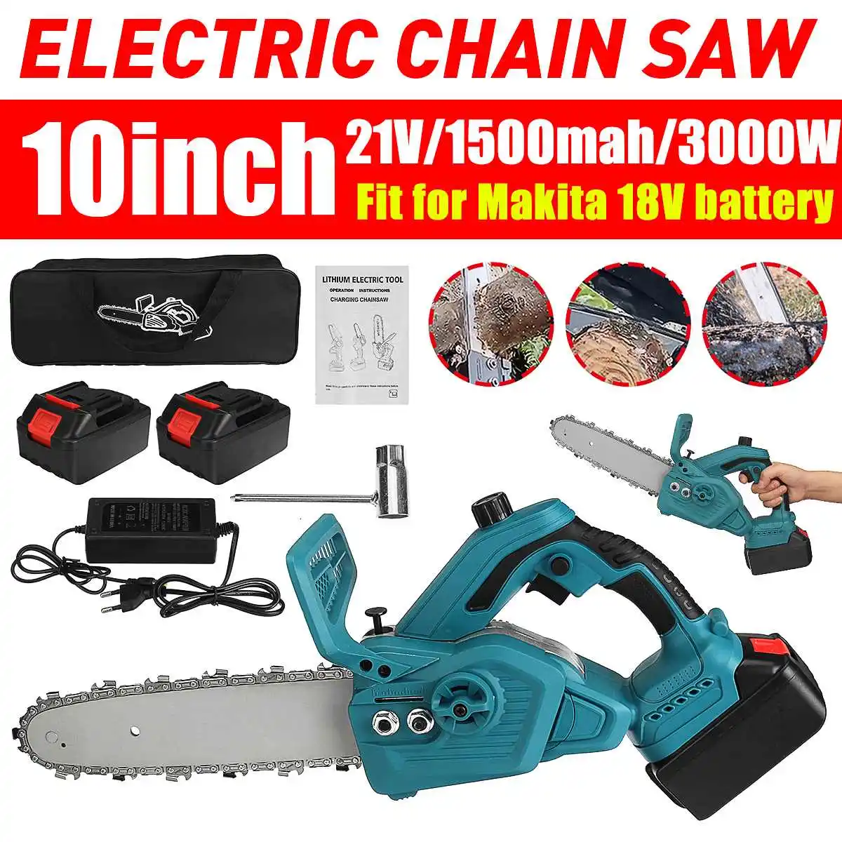 

3000W 10 inch Cordless Electric Saw Chainsaw Oil Lubrication Wood Tree Logging Cutter Pruning Garden Tool For Makita 18V Battery