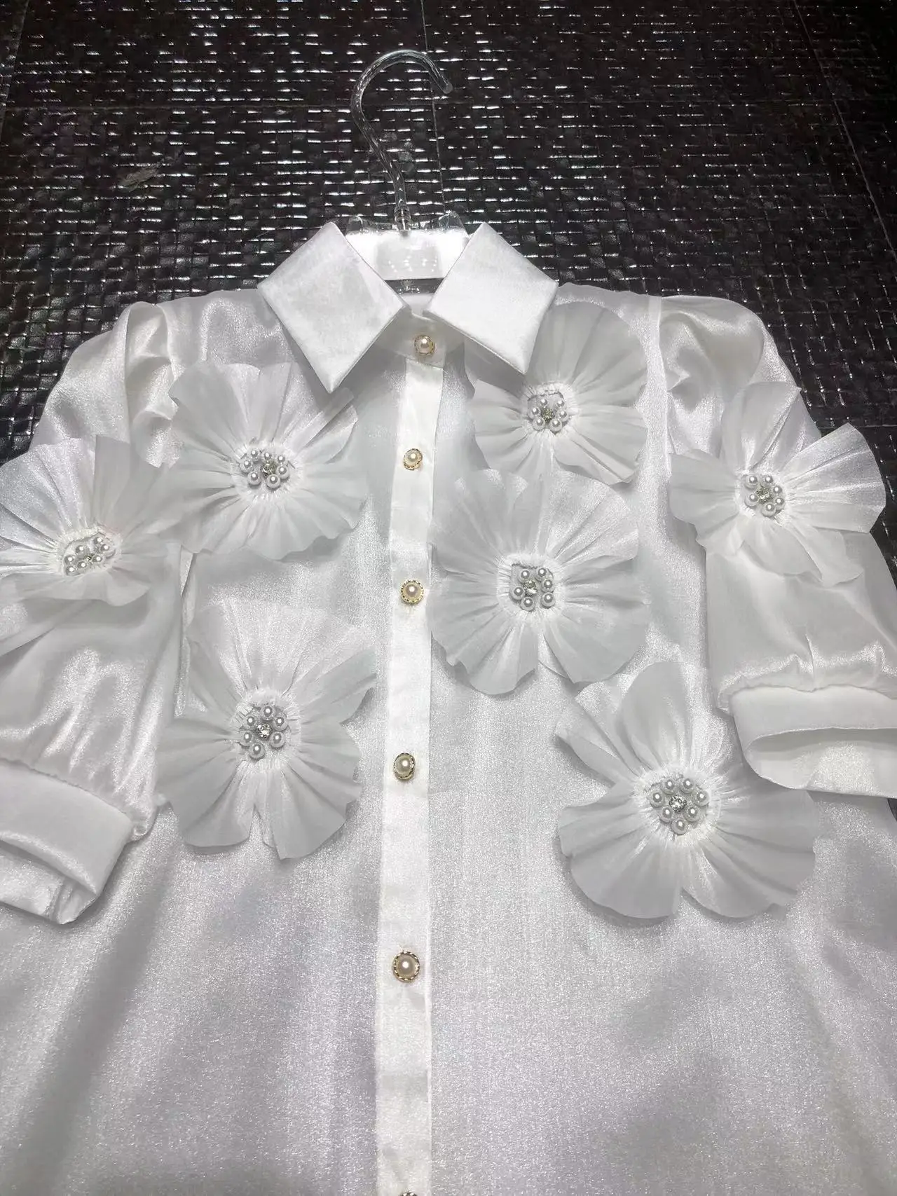 Real Photo Beaded Flowers Stitch Camisas 2024 Summer Short Sleeve Diamonds Buttons Up Shirts Blouses For Women Tops Blusas