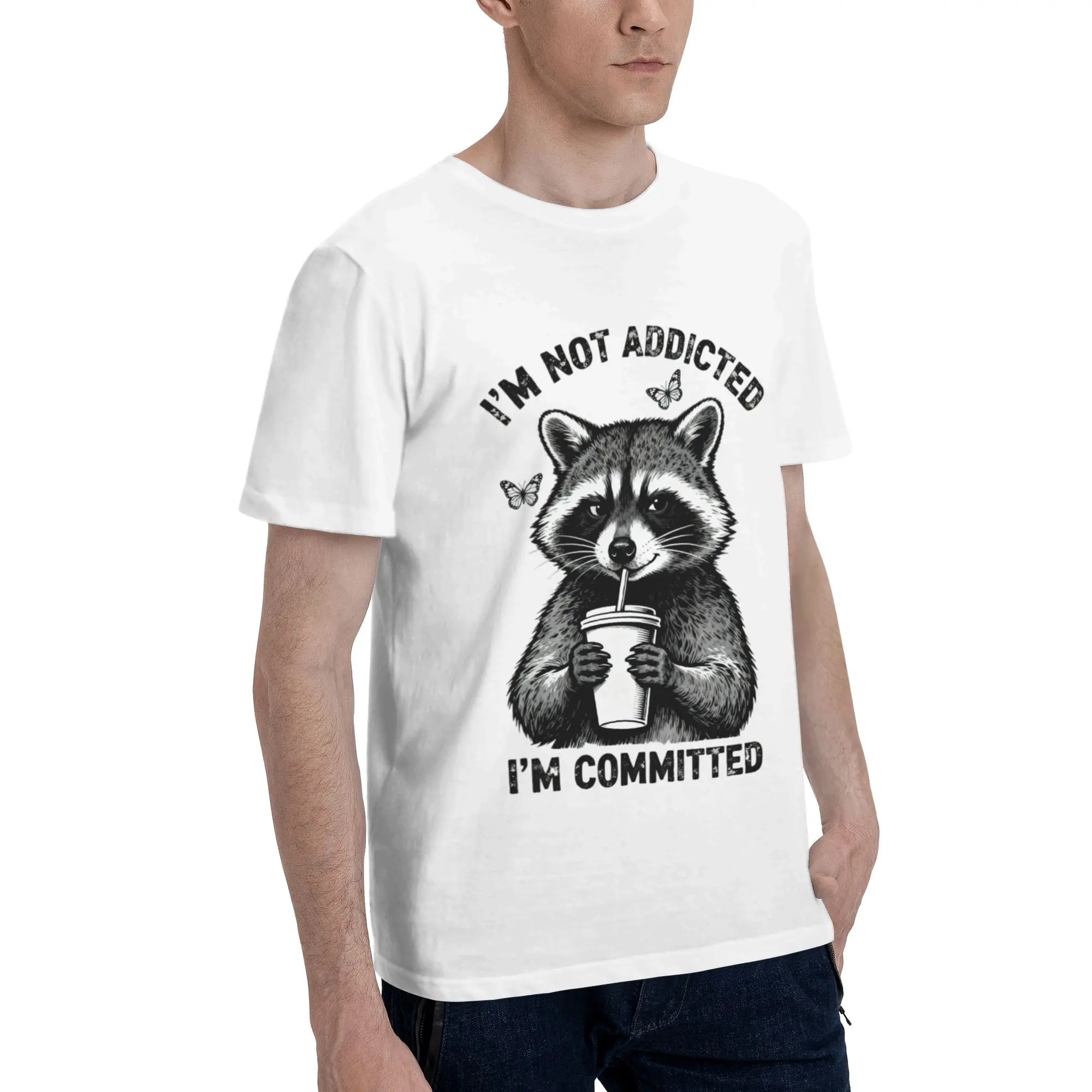 Im Committed Coffee Raccoon Butterfly Art Men's T Shirt  Casual Tee Shirt Short Sleeve Round Collar 100% Cotton Summer Clothing