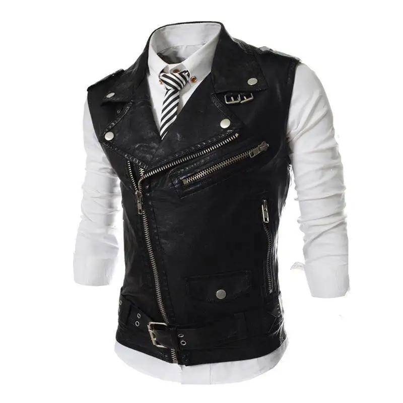 2026 punk PU leather strap autumn and winter men's leather vest, Slim fit multi zipper lapel short leather vest jacket