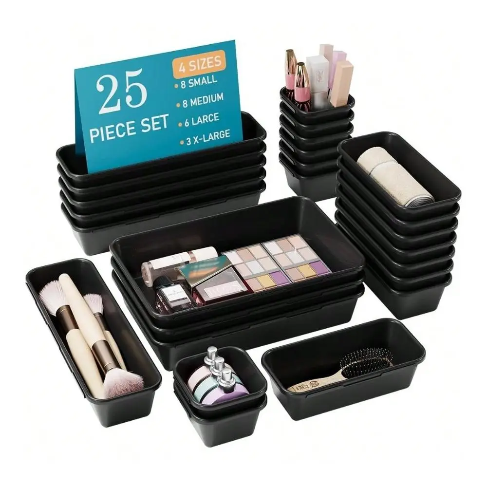 25 PCS Black Drawer Organizer Set, 4 Size Interlocking Plastic Storage Bins Office Supplies, Jewelry Makeup Vanity, Bathroom Kitchen, Home Organization Closet, Gadgets Small Items