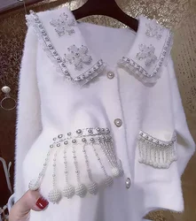 Luxury Beaded Flowers Stitch Sweater Cardigan For Women 2024 Autumn Winter Beading Tassel Sweater Outwear Knitwear Jacket Coat