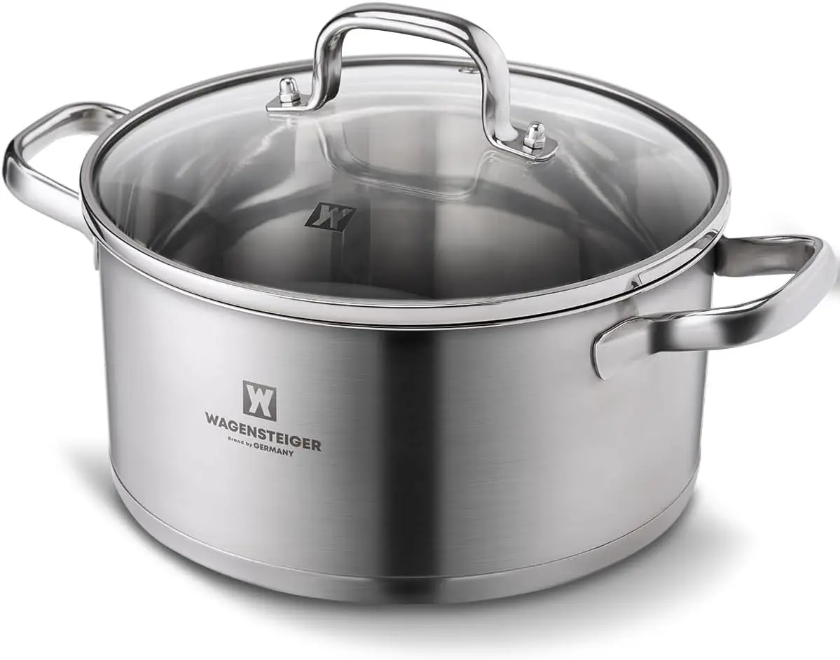 

7.27-Quart Dutch Oven, Stainless Steel 3-Layer Construction with Aluminum Core, Tempered Glass Lid, Spacious Stock Pot for Boili