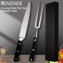 RZD Stainless Steel Carving Slicing Knife Fork Set Teppanyaki Grill BBQ Cooking Steak Roast Korea Barbecue Party Resturant Tool