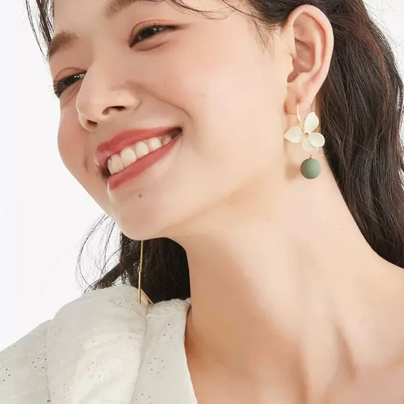 Japanese Korean Asymmetrical Petal Flowers Long Tassels Clip on Earrings for Women No Pierced Mosquito Coil Ear Clips Earrings