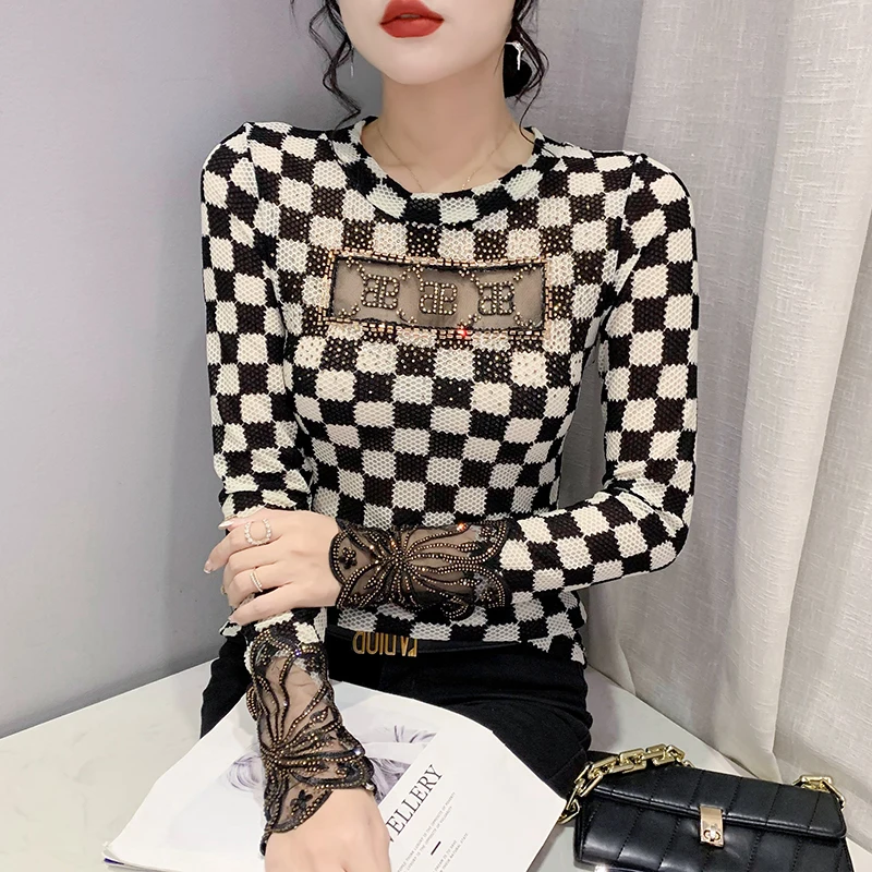 Fall Winter Korean Clothes T-Shirt Sexy O-Neck Patchwork Print Diamonds Letter Women Tops Long Sleeve Drill Hand Made Tees 1132