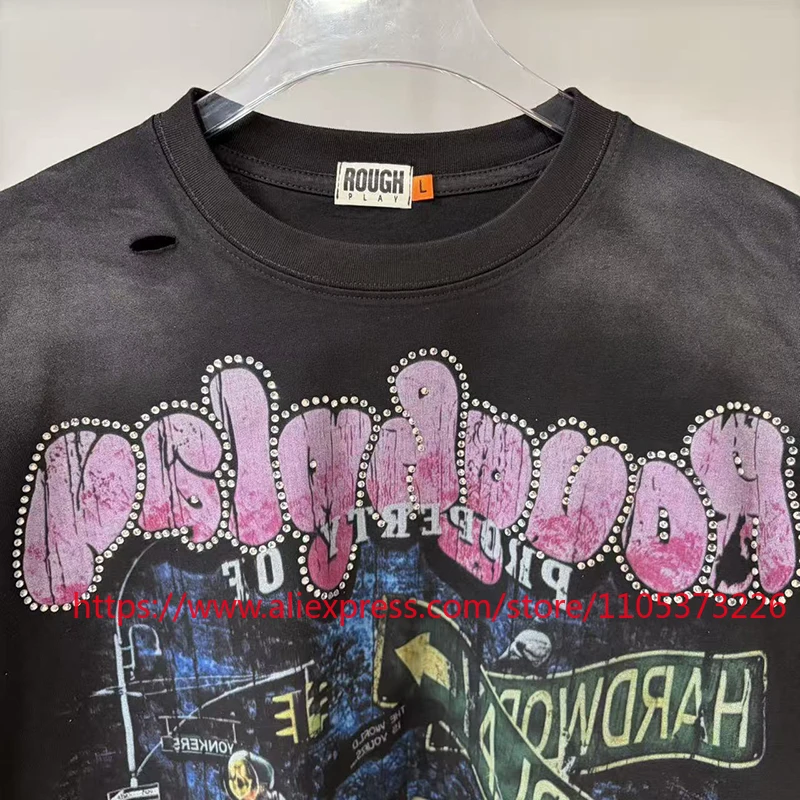 26SS Rough Play T Shirt American Retro Car Print Short Sleeve Men's Casual Short Sleeve Rough Play Tops Tees