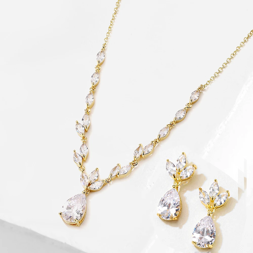 ZAKOL Elegant Necklace/Earring Jewelry Set for Women Gorgeous Pear Water Drop AAA Zircon Wedding Jewelry Gift