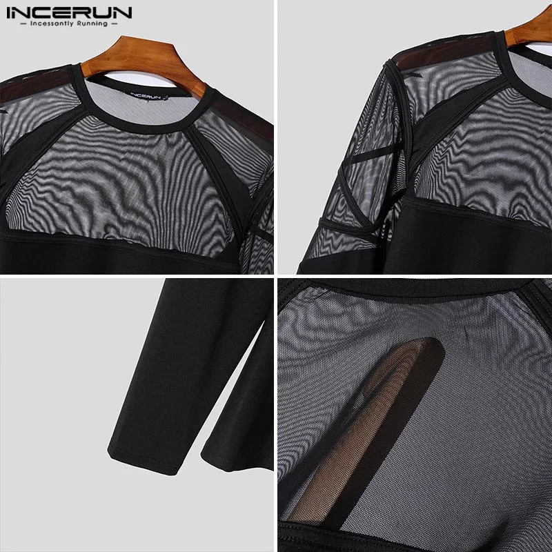 Y-INCERUN-T-shirt à manches longues en maille pour hommes, T-shirt monochrome, Déconstruction mince décontractée, Style spectacle de fête, Sexy, S-5XL de camiseta, 2024