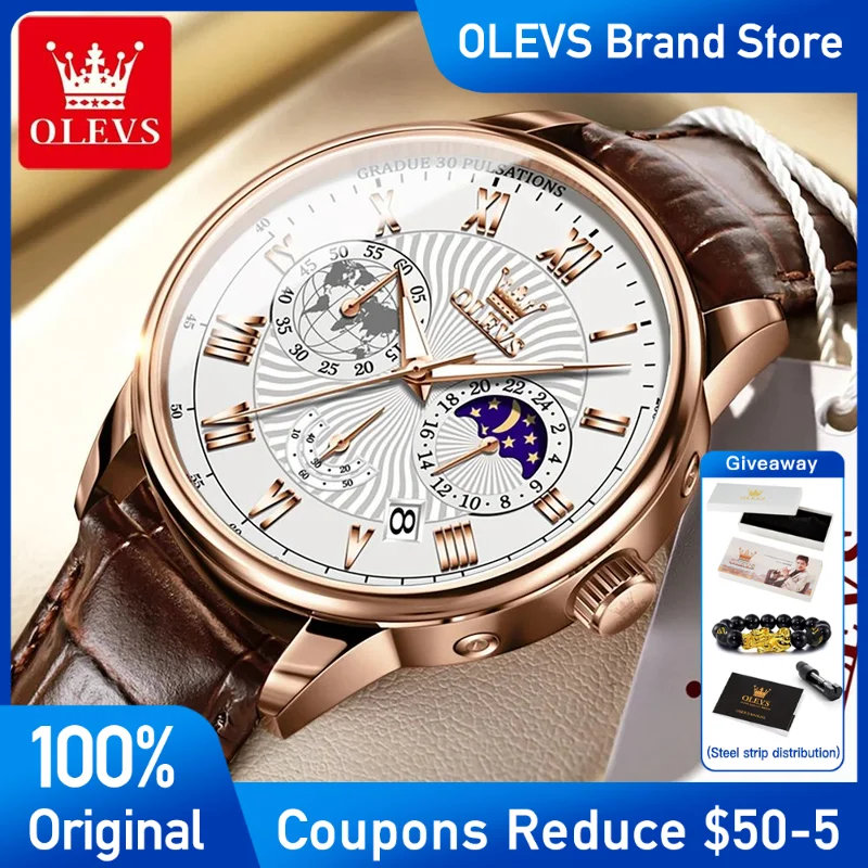 

OLEVS Mens Watch Original luxury Top Brand Quartz Watch Leather Strap Waterproof Luminous Moon Phase Men's Wristwatch with box