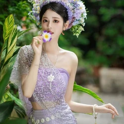 Thailand Vintage Traditional Festival Clothing Dance Dress Set Thai Women Festival Sexy Vacation Purple Photography Dress