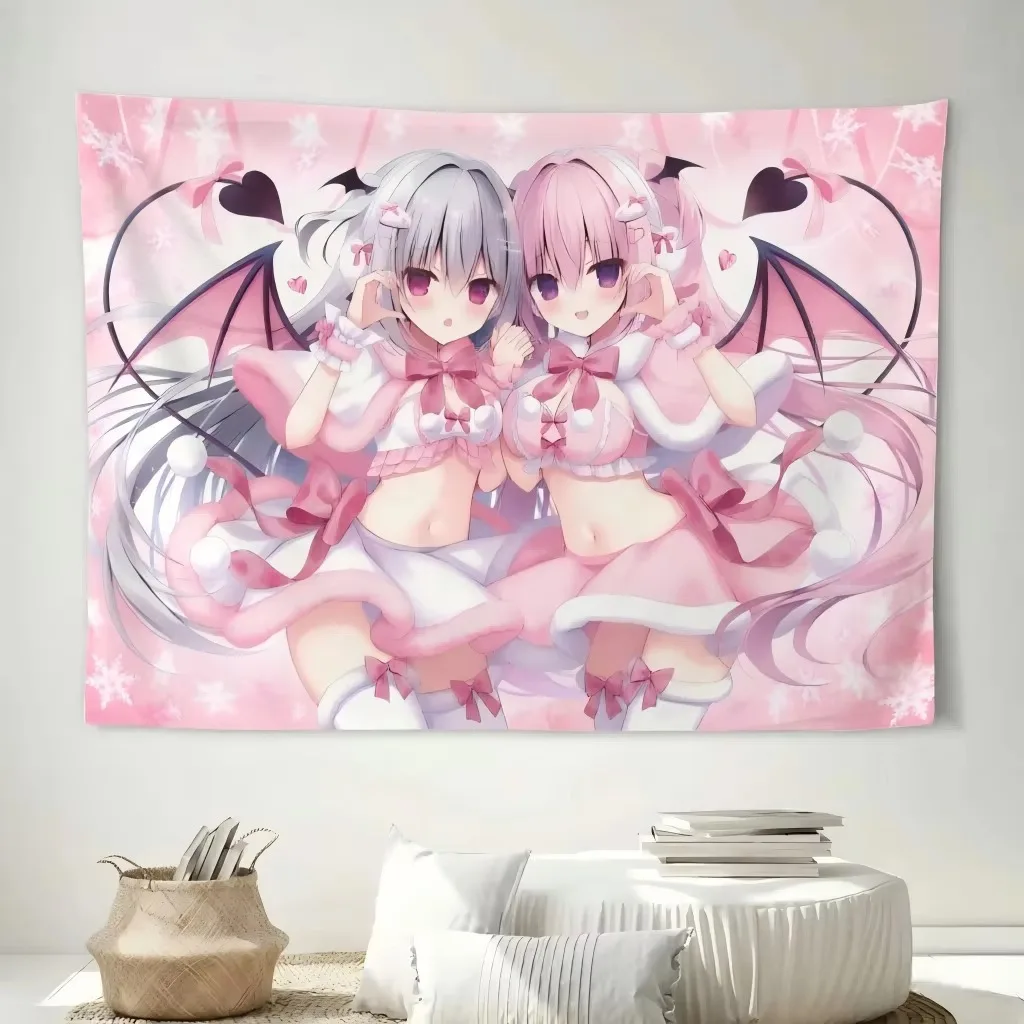 Kawaii Pink Succubus Twins Anime Tapestry, Pastel Aesthetic Wall Hanging Cute Demon Girl Decor for Bedroom Dorm Room