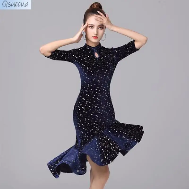 The New Latin Dance Costume Adult Velvet Cha Cha Dance Dress Performance Practice Dance Costume Can Be Autumn And Winter