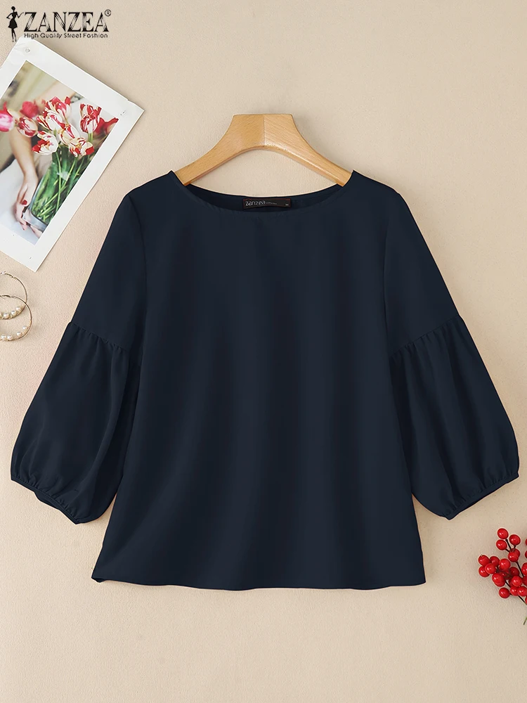 

ZANZEA, осенние блузки с рукавами-фонариками, женские повседневные блузки с рукавами три четверти и вырезом «лодочка», Blusas Mujer, повседневная одежда, однотонные топы