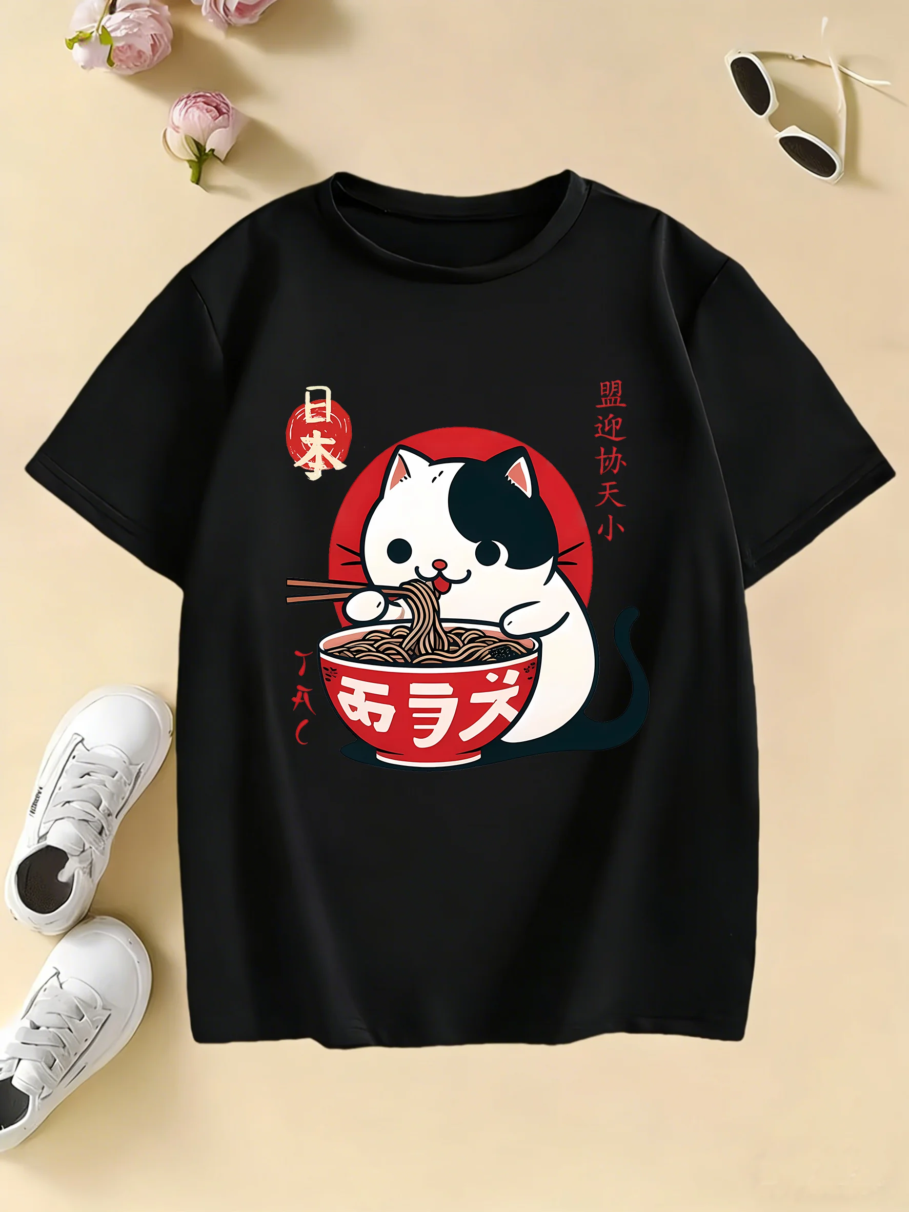T-shirts met Japanse stijl 'Kat eet ramen' ontwerp, manga kinder T-shirts voor jongens en meisjes, zomer lente casual top tee