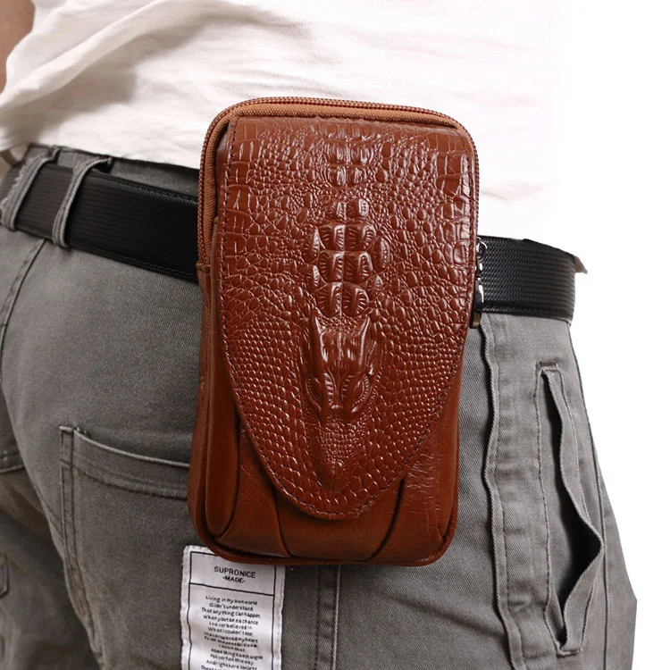 men\'s mobile phone waist bag leather wearing belt 5.56 inch Mini waist bag cowhide crocodile waist bag