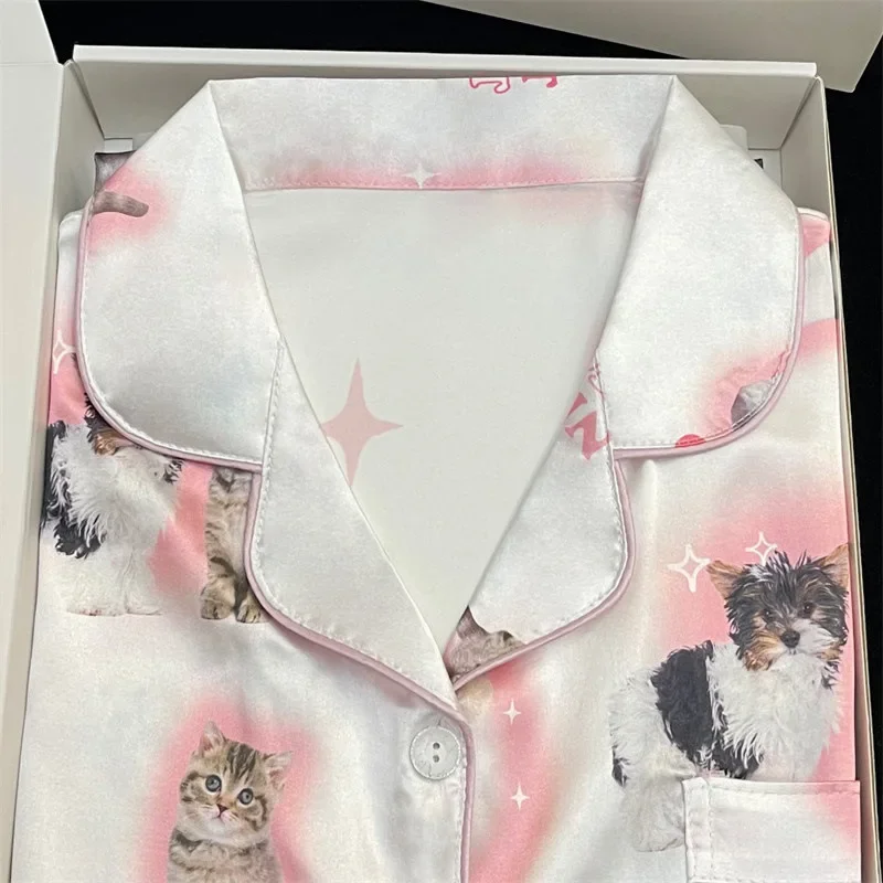 女性用サテンプリントパジャマセット,動物モチーフ,夏のナイトウェア,2ピースパンツ,ピンク