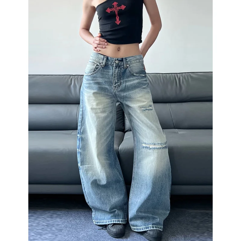 

Vintage Washed Distressed Baggy Jeans Women Y2K High Street Wide Leg Retro Loose Versatile Denim Pants 2026 New Spring Trousers