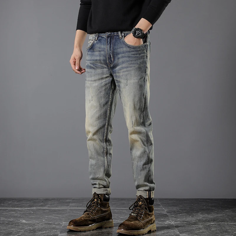 Red-Ear Denim Autumn Men's Jeans 2024 New Street American Retro High-End Washed Old Slim Fit Ankle Tight Trousers Hombre