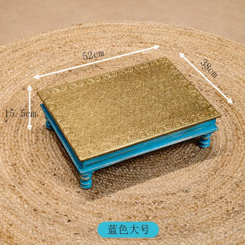 Solid Wood Low Desk with Brass Wrapped Edge, Compact Tatami Tea & Study Table for Bay Window, Balcony, Bedroom Bed Use