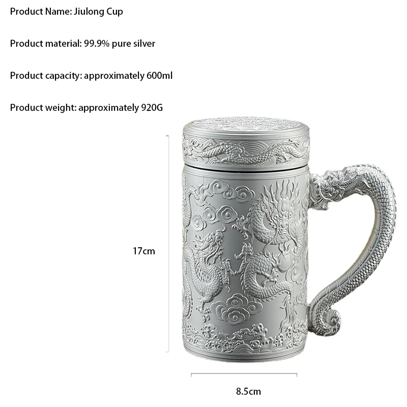 Tea pot insulated cup inner wall pure silver 99.9% 600ml insulated cup stainless steel handle office cup travel coffee cup