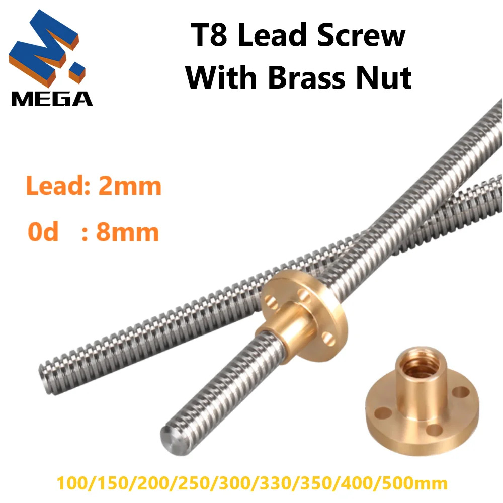

T8 Lead Screw With nut OD 8mm Lead 2mm Pitch 2mm 100mm 200mm 300mm 400mm 500mm Lead Screw With Brass Nut Reprap 3D Printer Parts