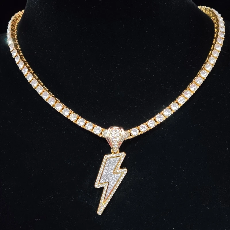 Hip Hop Lightning Pendant Necklace with 4mm Zircon Tennis Chain Iced out Bling HipHop Necklaces for Men Women fashion jewelry