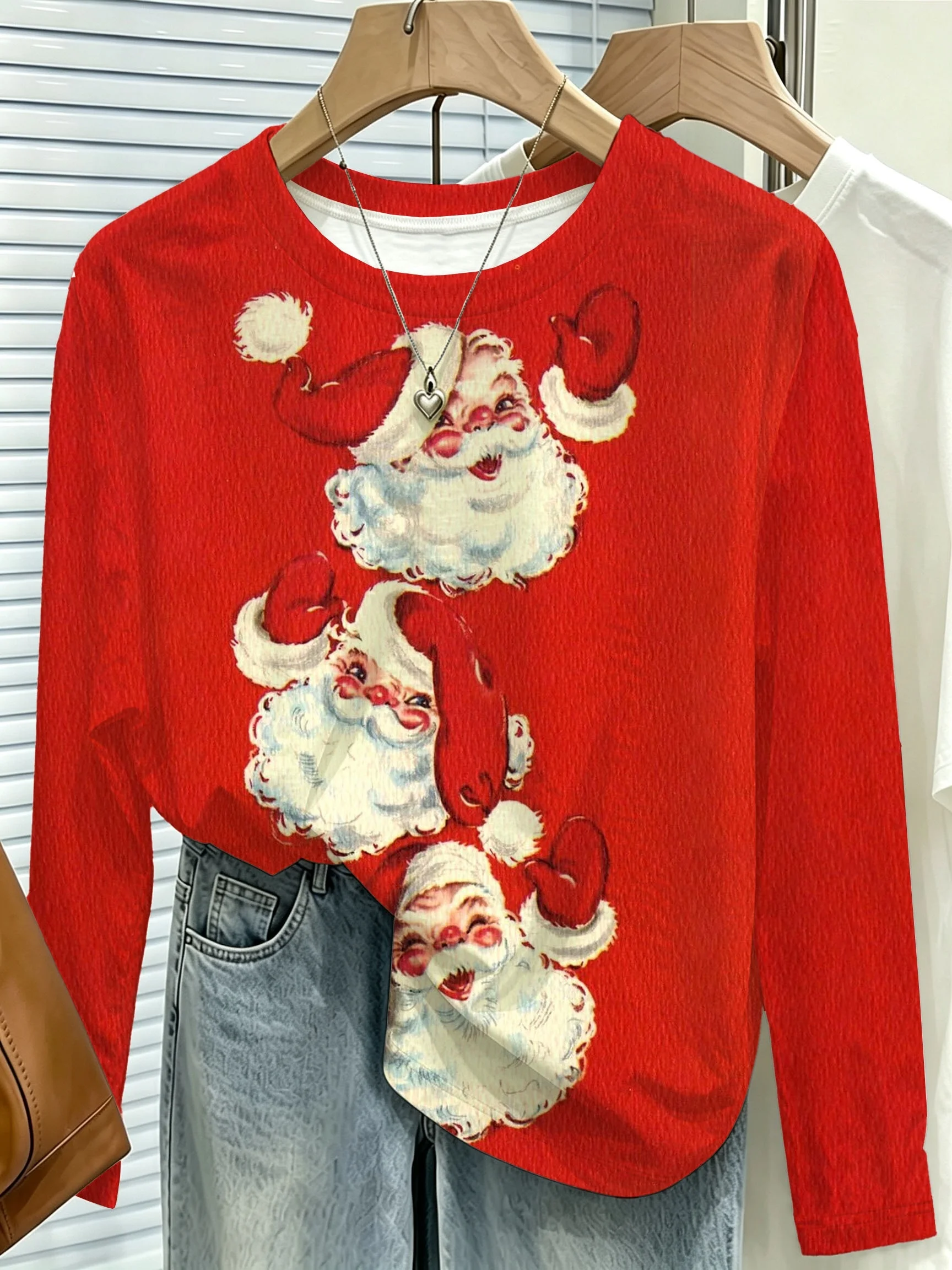 Women Long Sleeve T Shirt Vintage Santa Claus Print Soft Breathable Casual Holiday Autumn Winter Fashion Women's Clothing