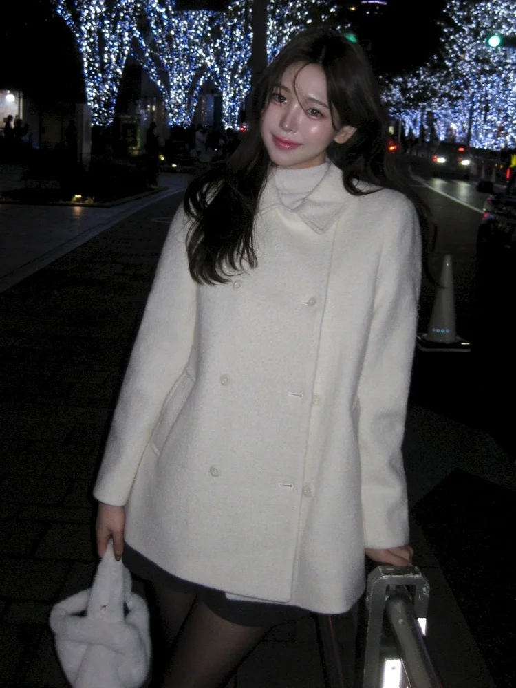 Ele White Woolen Coat for Women Korean Sle Vintage Lapel Double Buttoned Outerwear Mid-Length Loose Fit Winter Faion