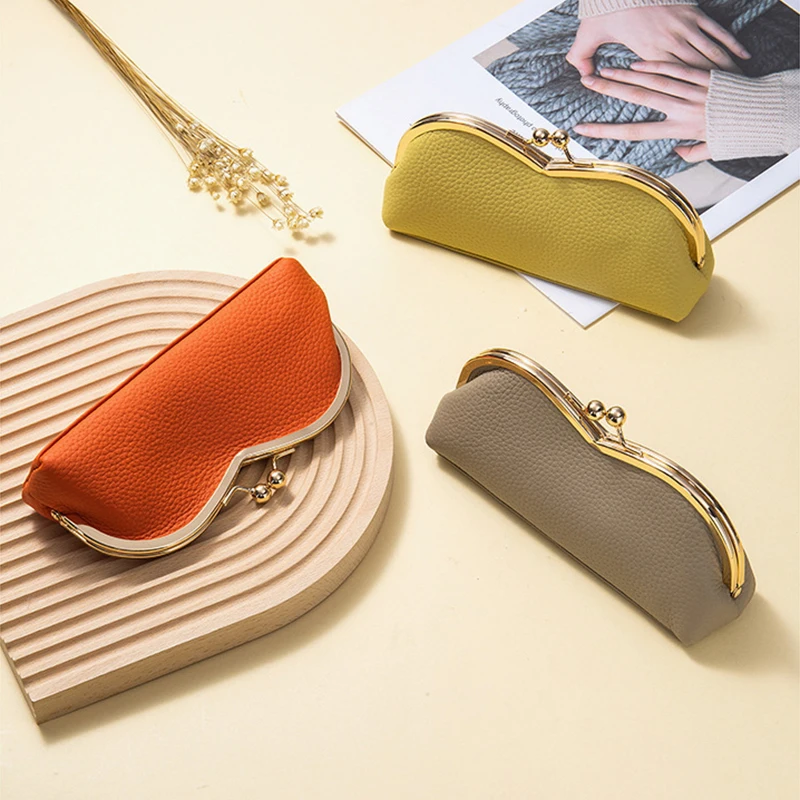New Genuine Leather Glasses Case, Niche Sunglasses Storage Bag with Kiss Buckle, Case for Sun Glasses & Women's Eyebrow Pencils