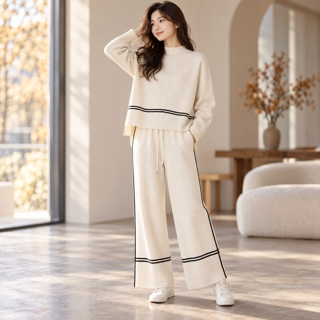 Regular Sleeve Set Long Sleeve Full Length Elegant with Autumn Japanese Korean Casual Full Length Pants Winter Women Sets