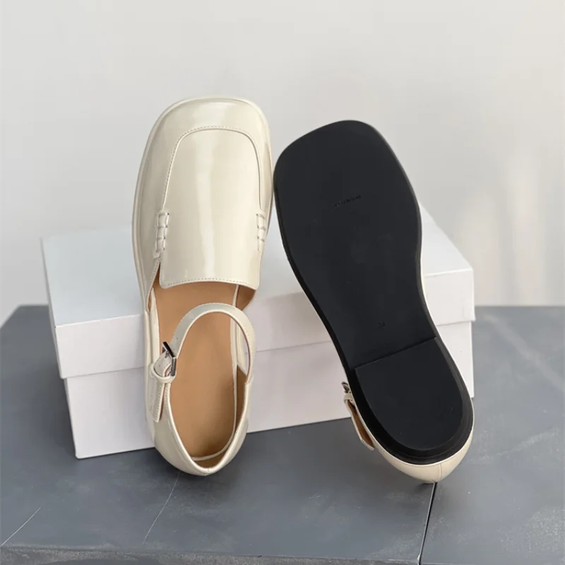 Cow Patent Leather Buckle Flat Mary Jane Shoes Fashion All-match Low-heeled Leather Shoes for Women